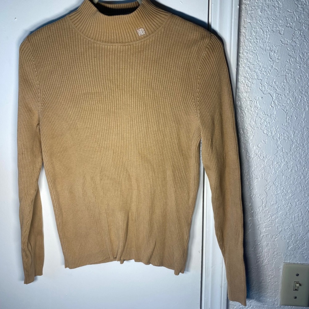 Lauren Ralph Lauren Petite Camel Tan Ribbed Mock Neck Cotton Sweater P/S LRL